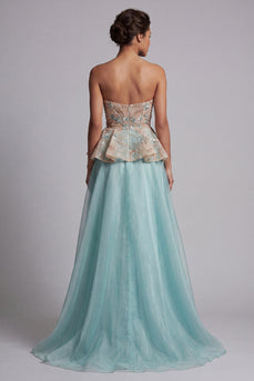 Sparkly Lake Blue Floral Beaded Long Mother of the Bride Dress with Ruffles