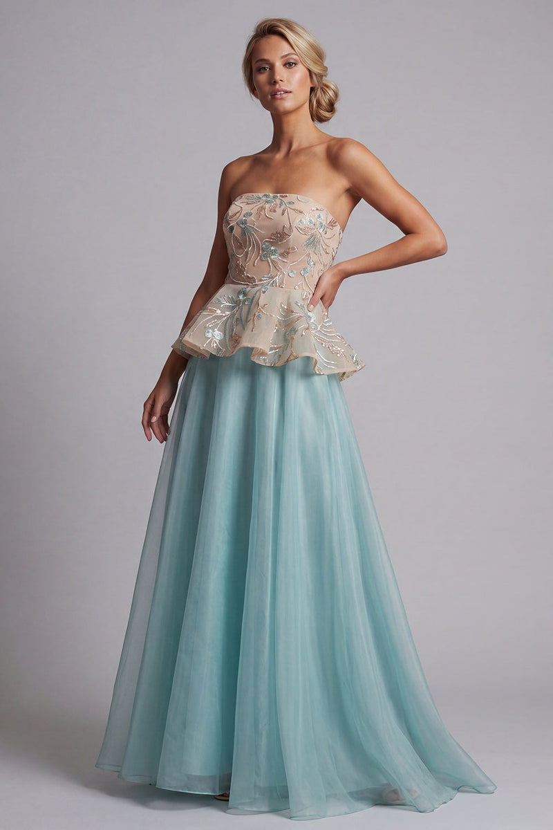 Load image into Gallery viewer, Sparkly Lake Blue Floral Beaded Long Mother of the Bride Dress with Ruffles