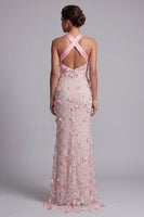 Load image into Gallery viewer, Pink Long Mermaid Floral Halter Beaded Mother of the Bride Dress