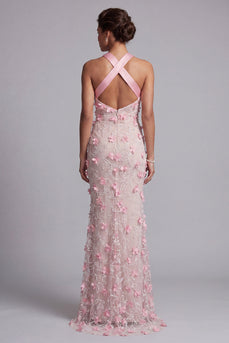 Pink Long Mermaid Floral Halter Beaded Mother of the Bride Dress