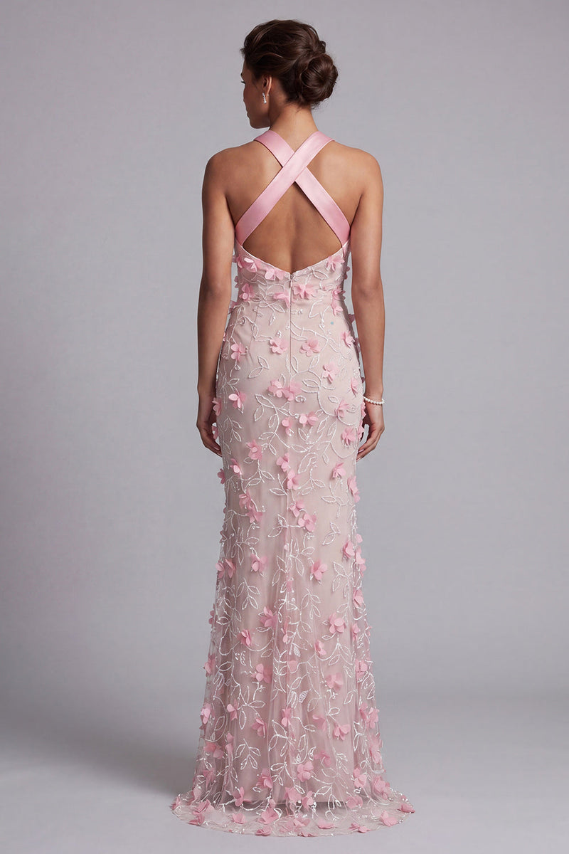 Load image into Gallery viewer, Pink Long Mermaid Floral Halter Beaded Mother of the Bride Dress