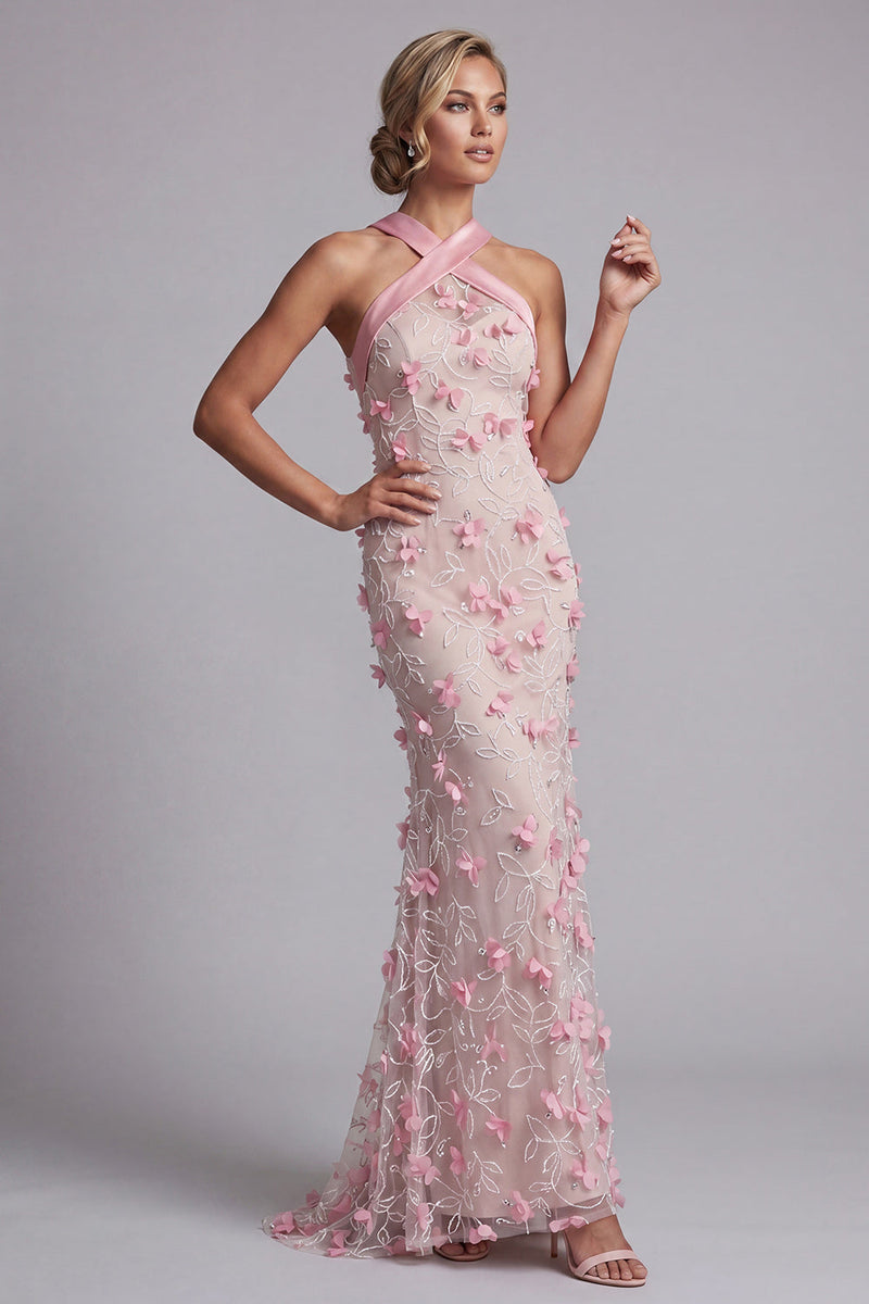 Load image into Gallery viewer, Pink Long Mermaid Floral Halter Beaded Mother of the Bride Dress