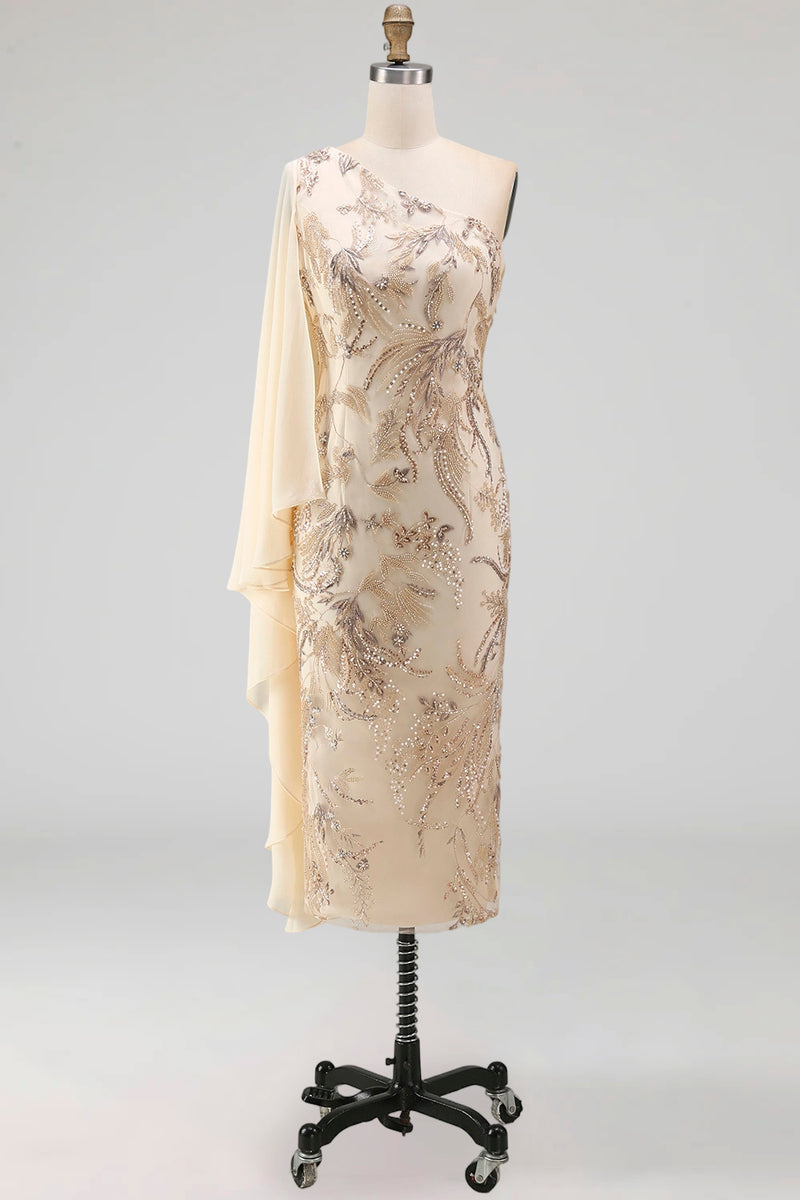 Load image into Gallery viewer, Sparkly Champagne Beaded Long Mother of the Bride Dress with Side Cape