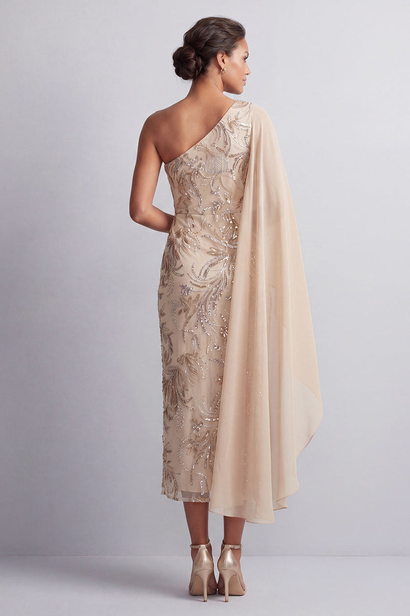 Load image into Gallery viewer, Sparkly Champagne Beaded Long Mother of the Bride Dress with Side Cape