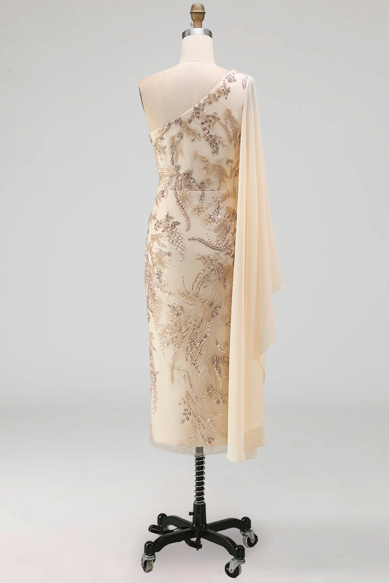 Load image into Gallery viewer, Sparkly Champagne Beaded Long Mother of the Bride Dress with Side Cape