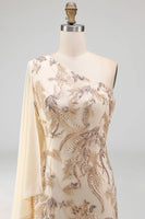 Load image into Gallery viewer, Sparkly Champagne Beaded Long Mother of the Bride Dress with Side Cape