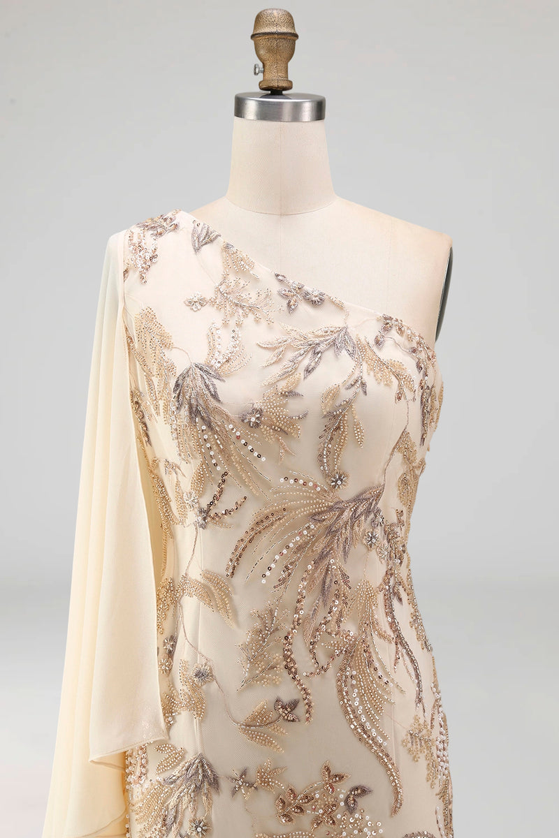 Load image into Gallery viewer, Sparkly Champagne Beaded Long Mother of the Bride Dress with Side Cape