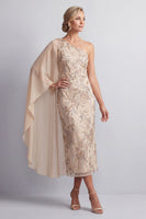 Load image into Gallery viewer, Sparkly Champagne Beaded Long Mother of the Bride Dress with Side Cape