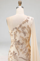 Load image into Gallery viewer, Sparkly Champagne Beaded Long Mother of the Bride Dress with Side Cape