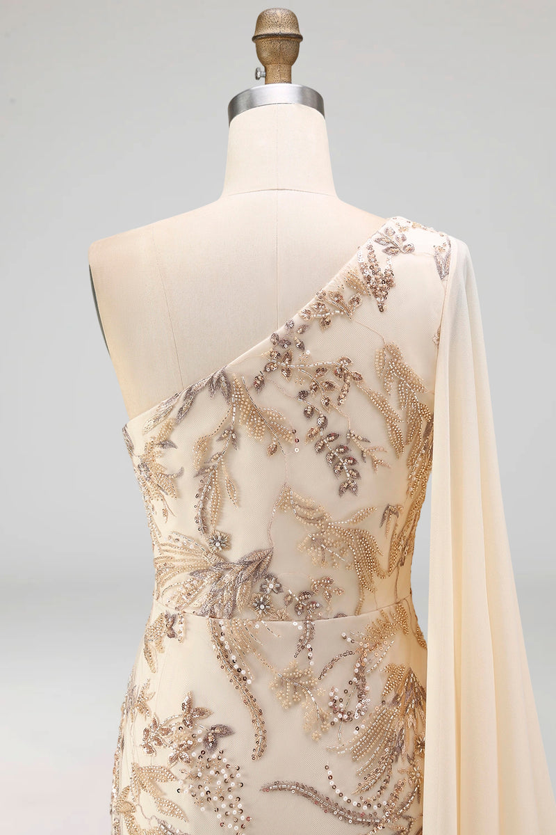 Load image into Gallery viewer, Sparkly Champagne Beaded Long Mother of the Bride Dress with Side Cape