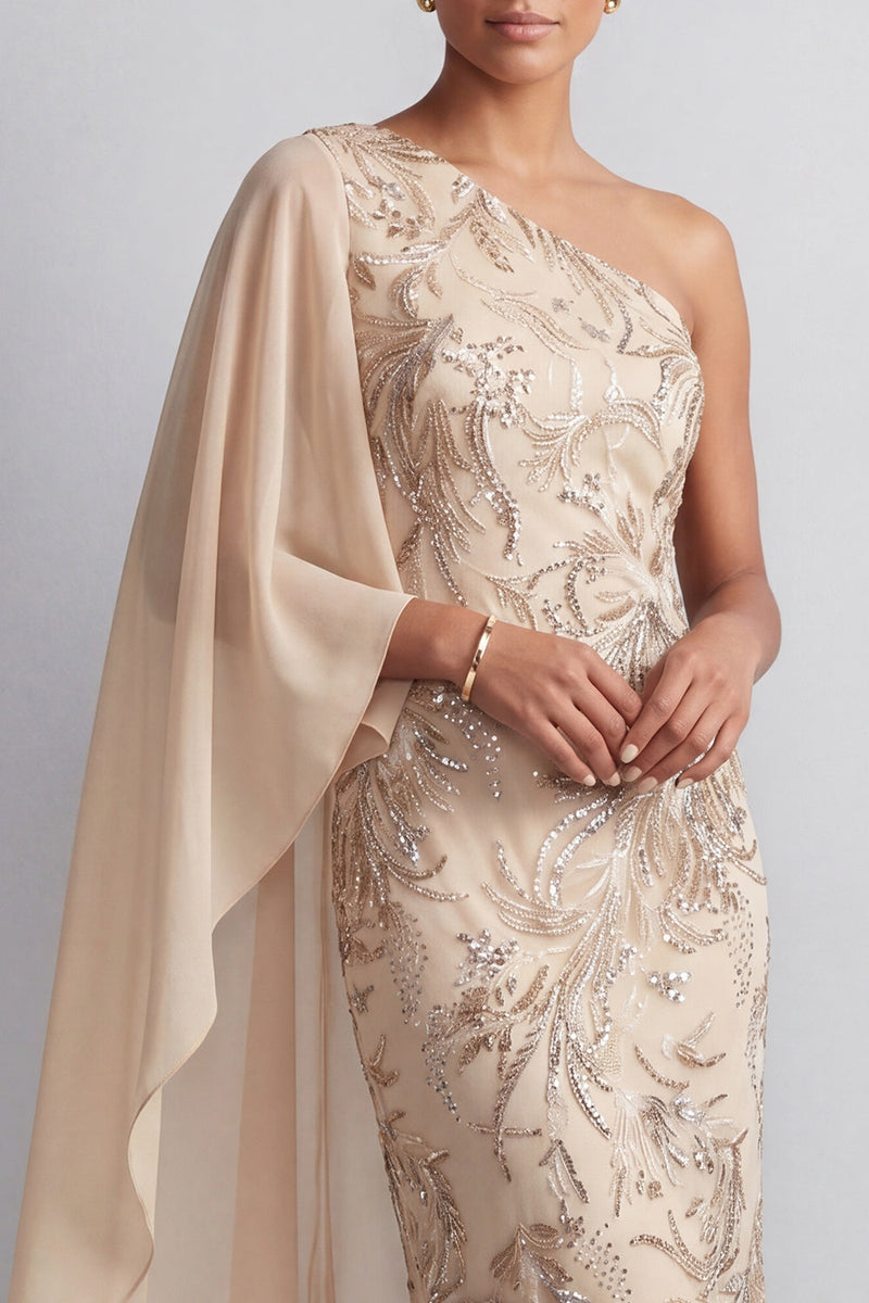 Load image into Gallery viewer, Sparkly Champagne Beaded Long Mother of the Bride Dress with Side Cape