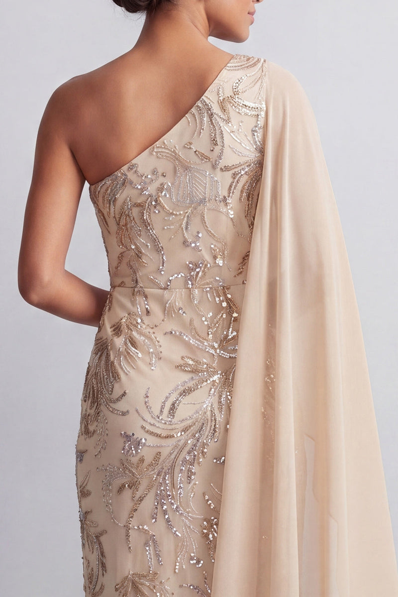 Load image into Gallery viewer, Sparkly Champagne Beaded Long Mother of the Bride Dress with Side Cape