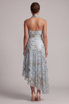 A Line Asymmetrical Floral Sparkly Grey Blue Beaded Mother of the Bride Dress