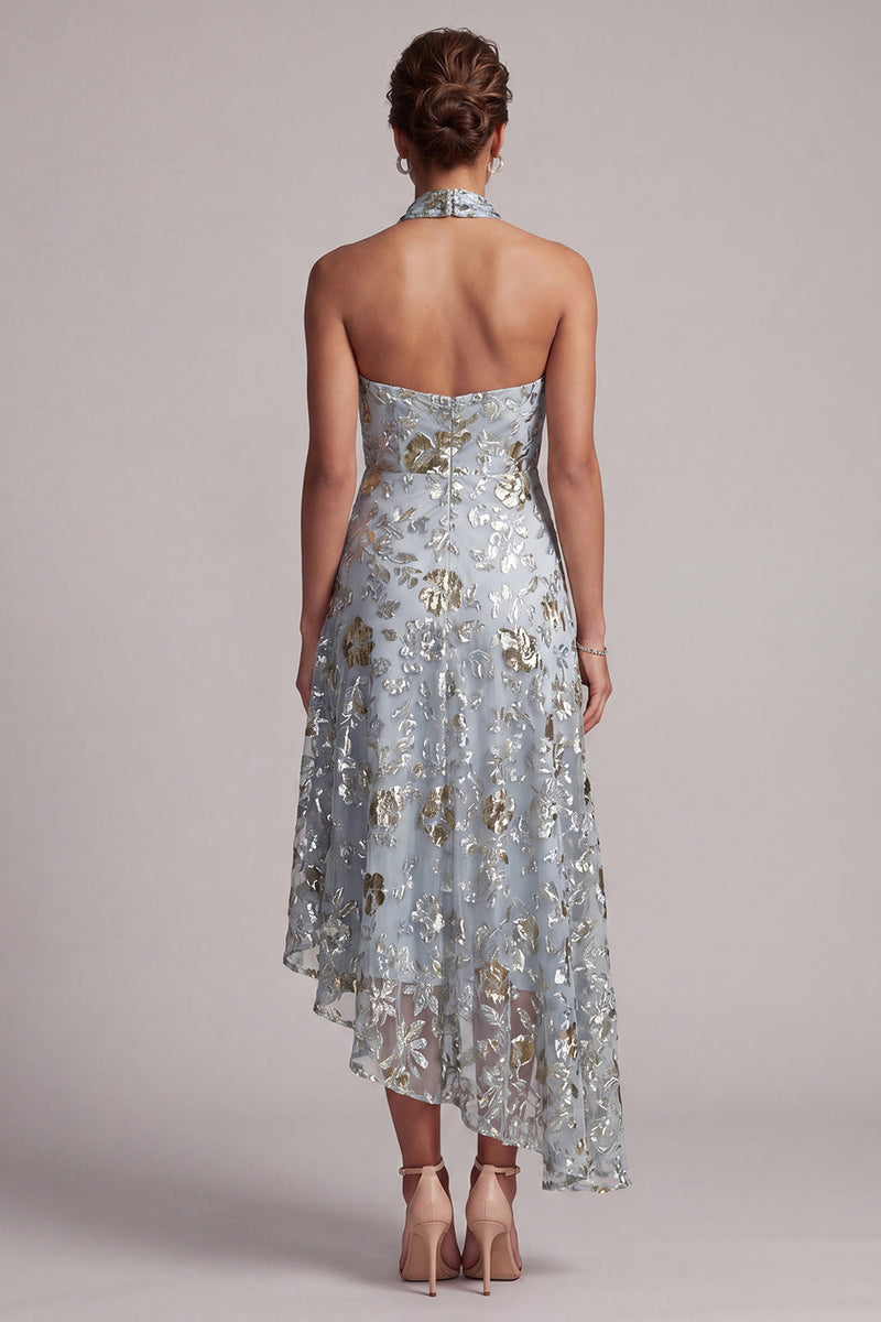 Load image into Gallery viewer, A Line Asymmetrical Floral Sparkly Grey Blue Beaded Mother of the Bride Dress