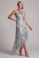 Load image into Gallery viewer, A Line Asymmetrical Floral Sparkly Grey Blue Beaded Mother of the Bride Dress
