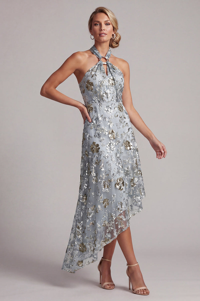 Load image into Gallery viewer, A Line Asymmetrical Floral Sparkly Grey Blue Beaded Mother of the Bride Dress