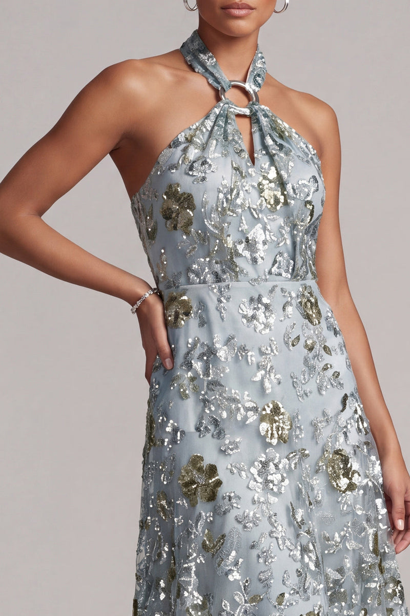 Load image into Gallery viewer, A Line Asymmetrical Floral Sparkly Grey Blue Beaded Mother of the Bride Dress