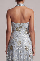 Load image into Gallery viewer, A Line Asymmetrical Floral Sparkly Grey Blue Beaded Mother of the Bride Dress