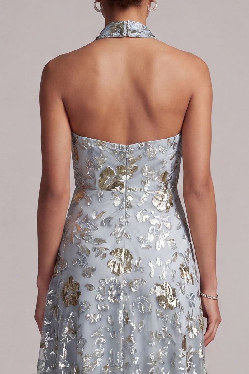 Load image into Gallery viewer, A Line Asymmetrical Floral Sparkly Grey Blue Beaded Mother of the Bride Dress