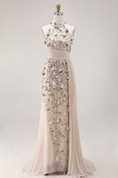 Load image into Gallery viewer, Beaded Mermaid Floral Apricot Long Mother of the Bride Dress with Side Cape