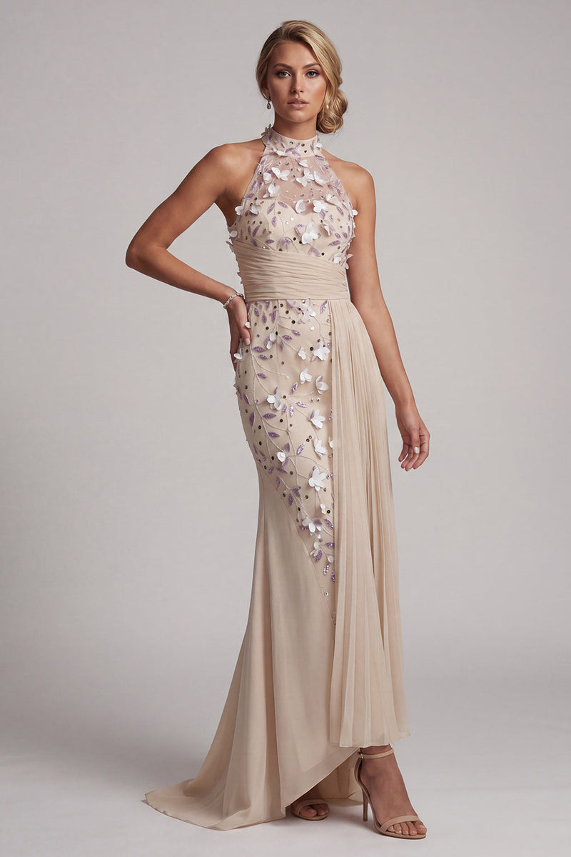 Load image into Gallery viewer, Beaded Mermaid Floral Apricot Long Mother of the Bride Dress with Side Cape