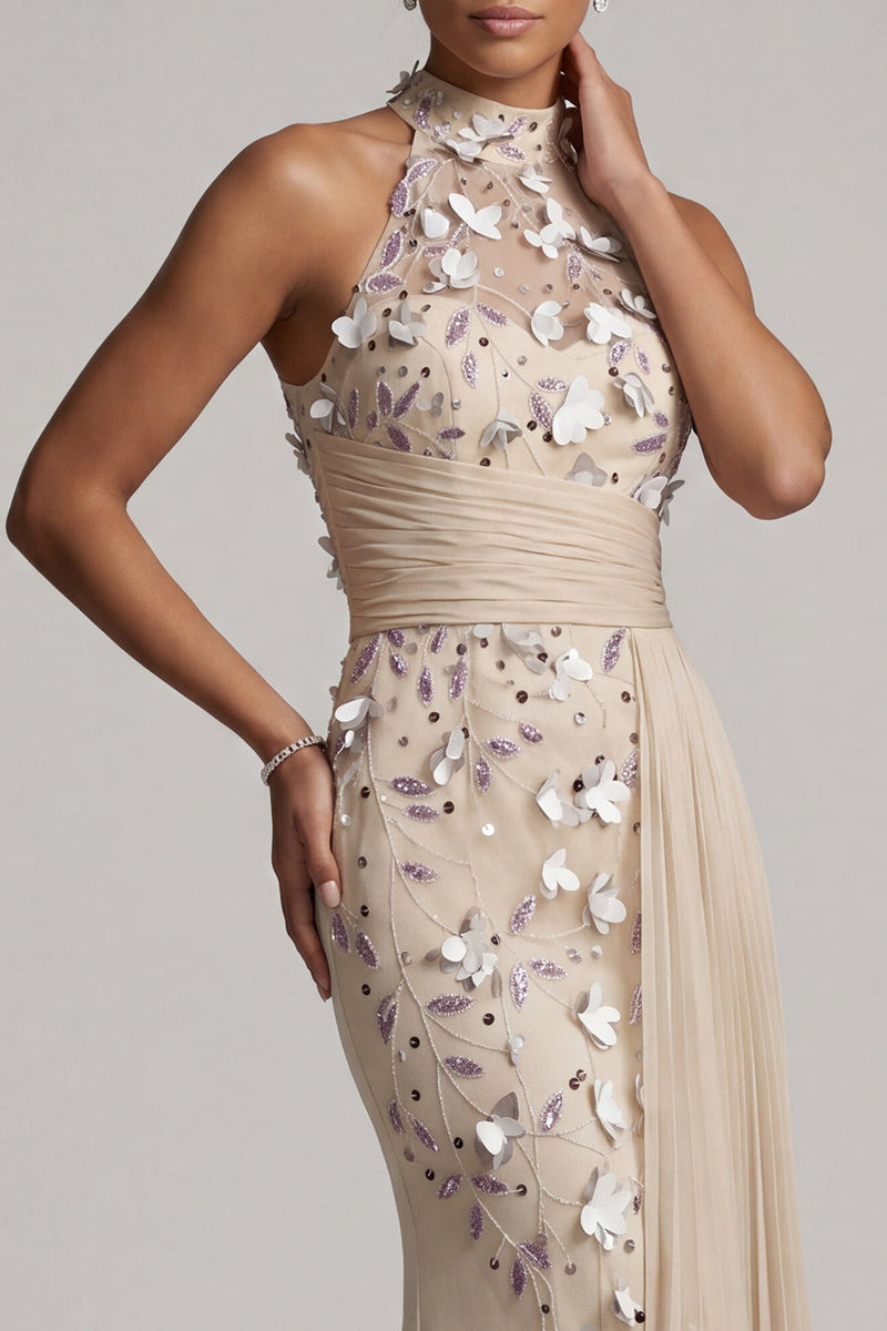 Load image into Gallery viewer, Beaded Mermaid Floral Apricot Long Mother of the Bride Dress with Side Cape
