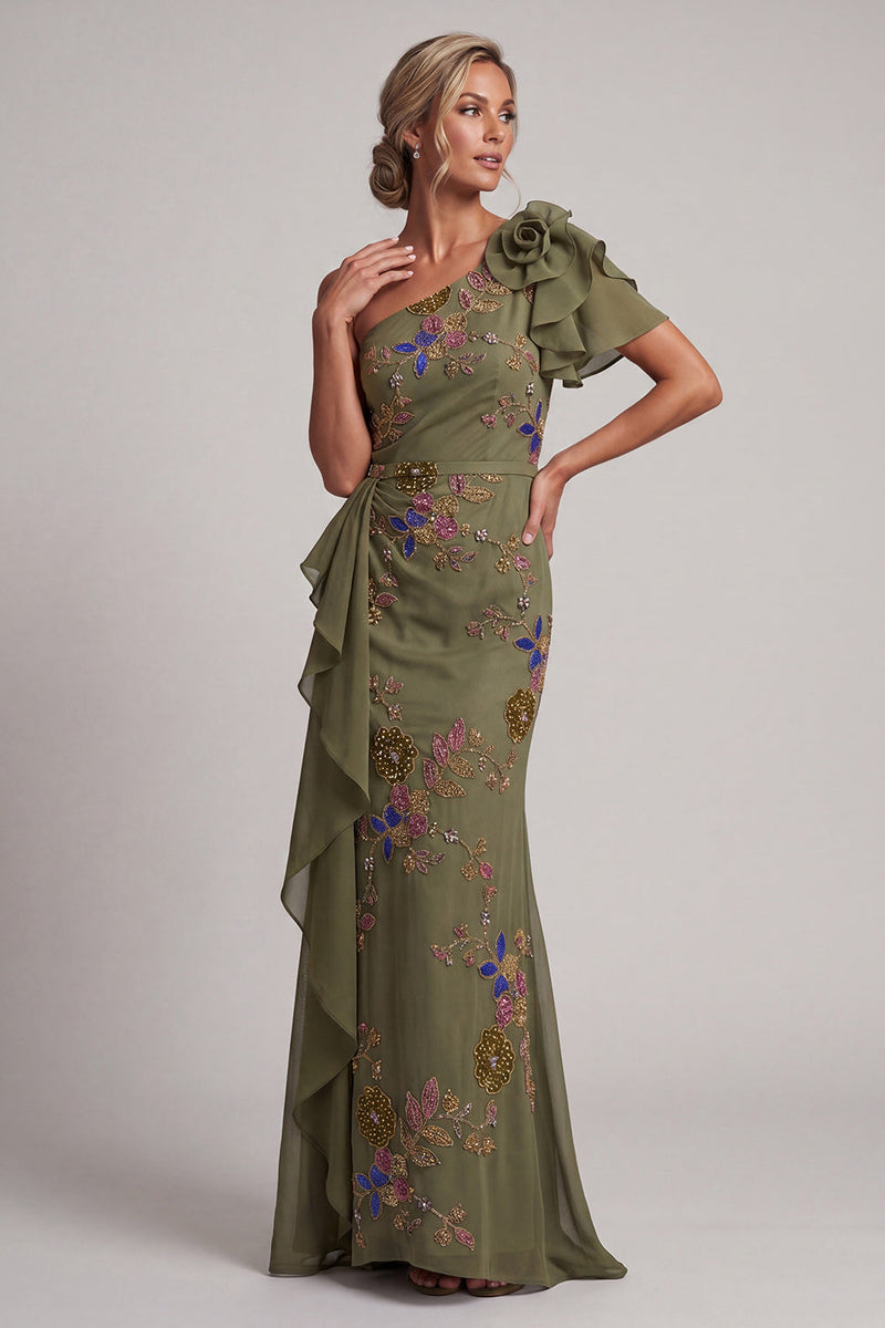 Load image into Gallery viewer, Mermaid Beaded Floral Olive Long Mother of the Bride Dress with Ruffles