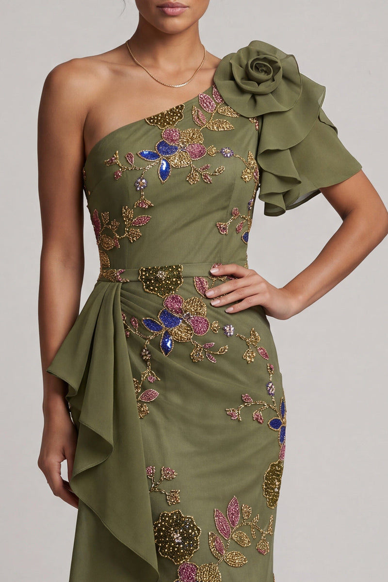 Load image into Gallery viewer, Mermaid Beaded Floral Olive Long Mother of the Bride Dress with Ruffles