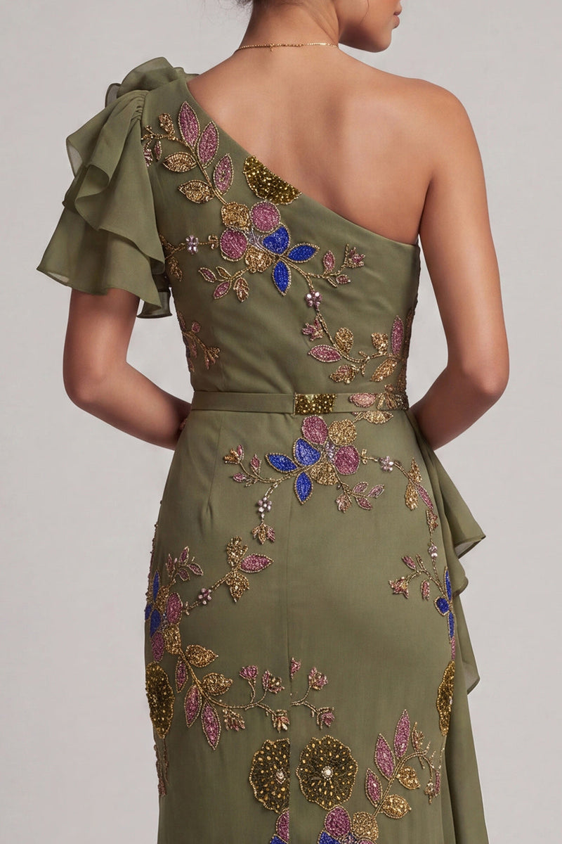 Load image into Gallery viewer, Mermaid Beaded Floral Olive Long Mother of the Bride Dress with Ruffles
