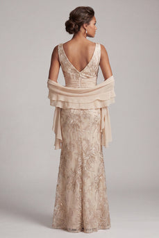 Sparkly Champagne V-Neck Floral Long Beaded Mother of the Bride Dress with Shawl