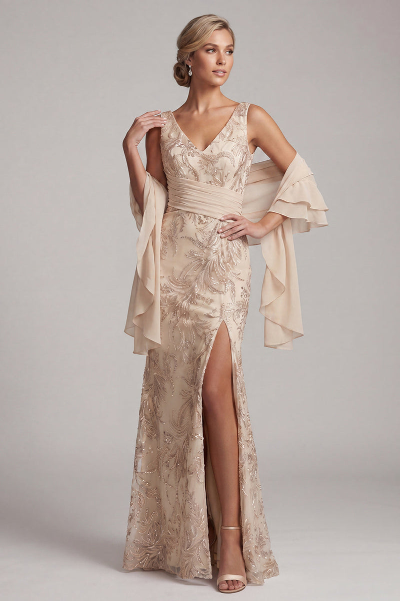 Load image into Gallery viewer, Sparkly Champagne V-Neck Floral Long Beaded Mother of the Bride Dress with Shawl