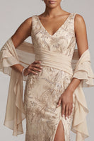 Load image into Gallery viewer, Sparkly Champagne V-Neck Floral Long Beaded Mother of the Bride Dress with Shawl