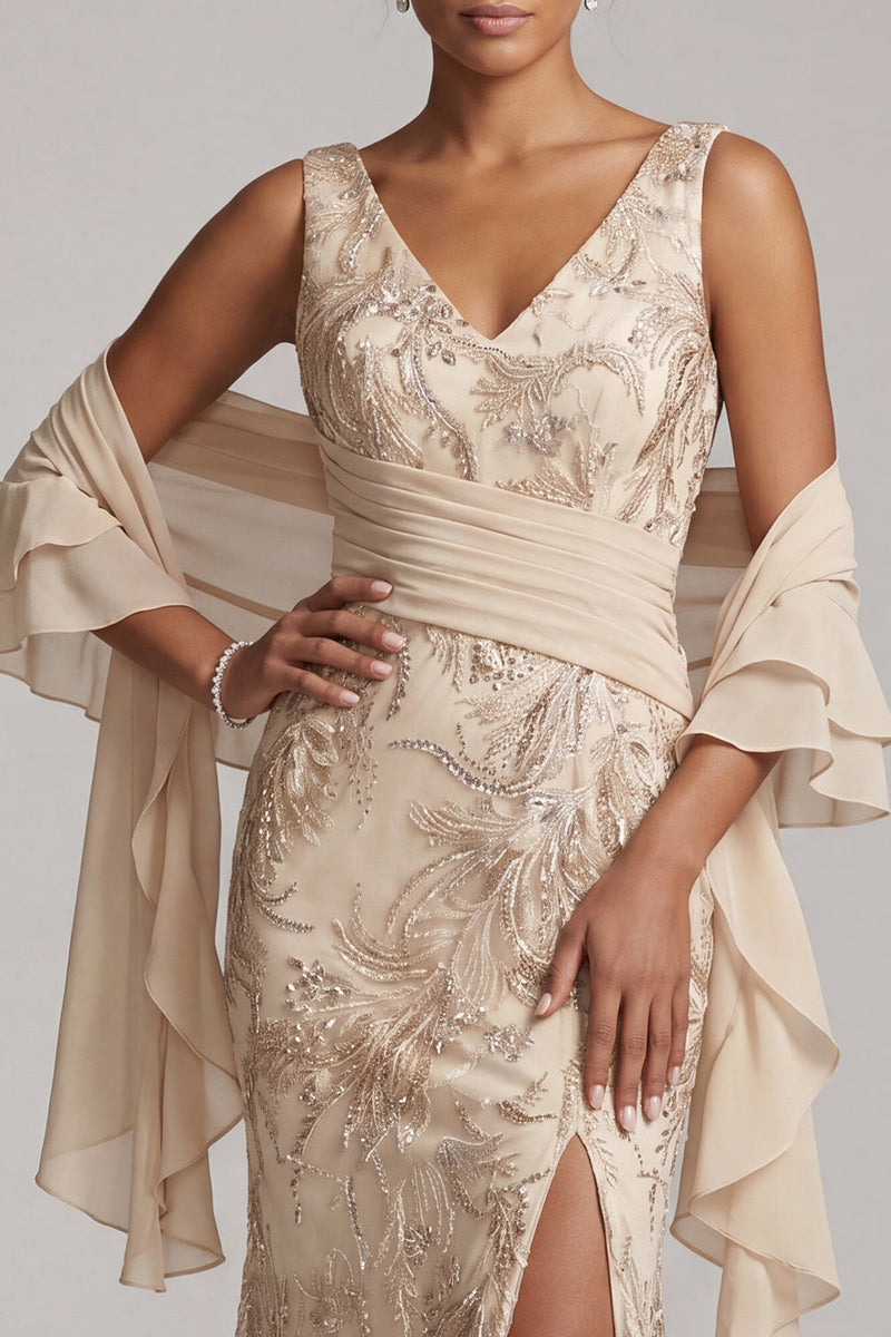Load image into Gallery viewer, Sparkly Champagne V-Neck Floral Long Beaded Mother of the Bride Dress with Shawl