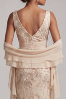 Load image into Gallery viewer, Sparkly Champagne V-Neck Floral Long Beaded Mother of the Bride Dress with Shawl