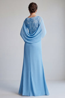 Mermaid Sky Blue Long V-Neck Mother of the Bride Dress with Ruffles
