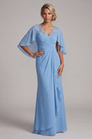 Load image into Gallery viewer, Mermaid Sky Blue Long V-Neck Mother of the Bride Dress with Ruffles