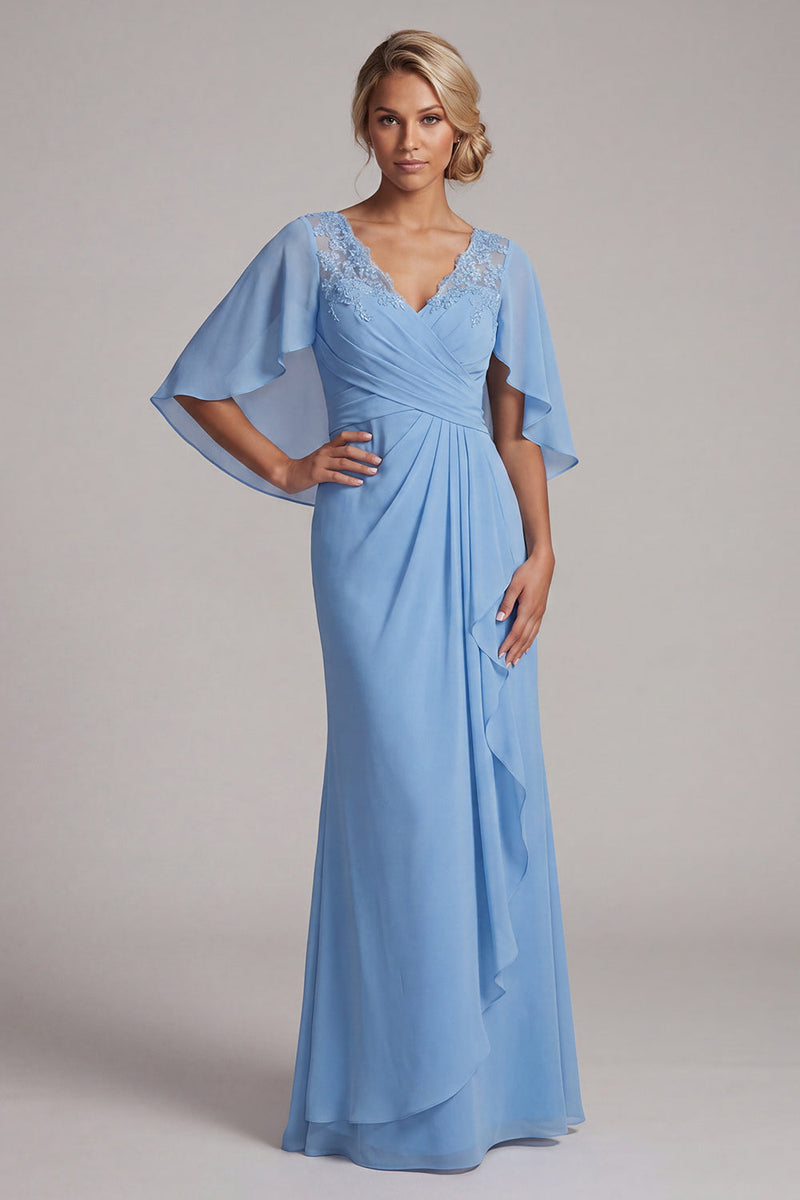Load image into Gallery viewer, Mermaid Sky Blue Long V-Neck Mother of the Bride Dress with Ruffles