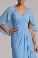 Load image into Gallery viewer, Mermaid Sky Blue Long V-Neck Mother of the Bride Dress with Ruffles