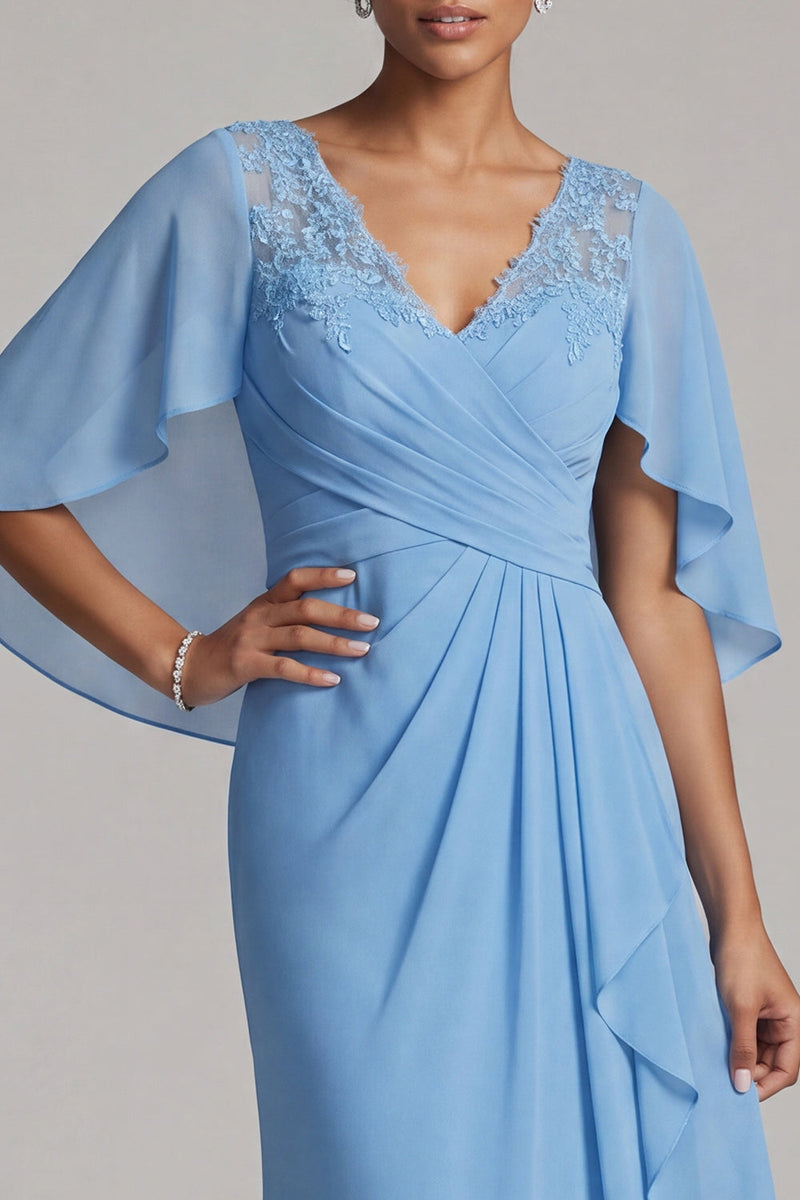 Load image into Gallery viewer, Mermaid Sky Blue Long V-Neck Mother of the Bride Dress with Ruffles