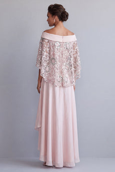 Sparkly Light Pink Floral Long A Line Beaded Mother of the Bride Dress with Cape