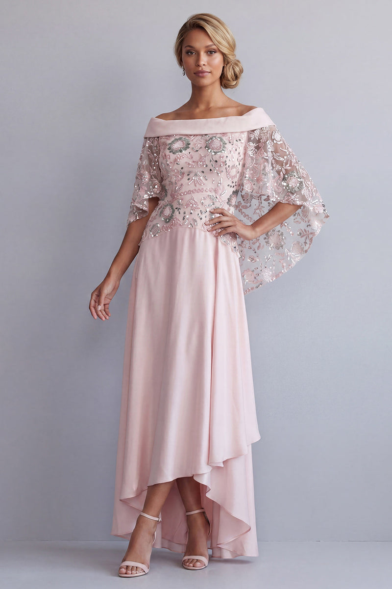 Load image into Gallery viewer, Sparkly Light Pink Floral Long A Line Beaded Mother of the Bride Dress with Cape