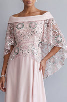 Load image into Gallery viewer, Sparkly Light Pink Floral Long A Line Beaded Mother of the Bride Dress with Cape