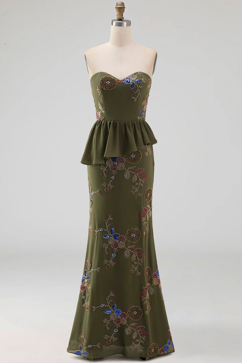 Load image into Gallery viewer, Olive Long Mermaid Floral Strapless Beaded Mother of the Bride Dress with Ruffles
