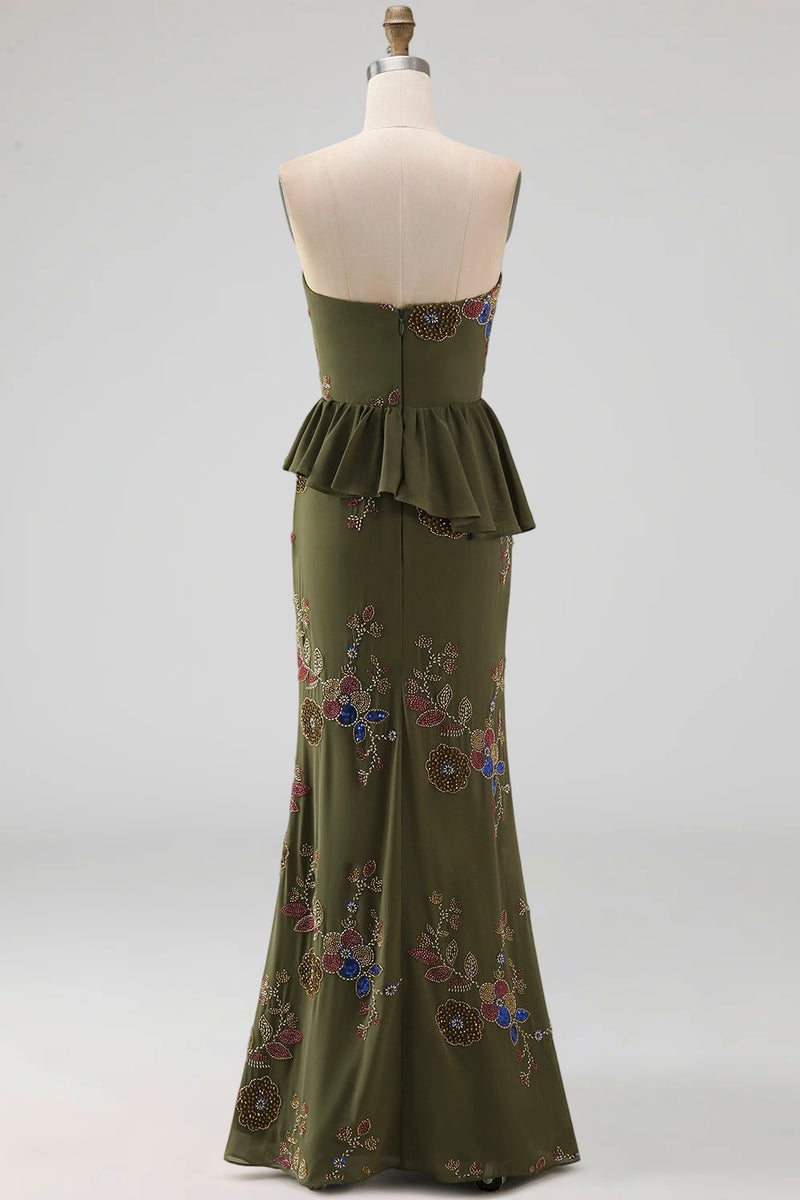 Load image into Gallery viewer, Olive Long Mermaid Floral Strapless Beaded Mother of the Bride Dress with Ruffles