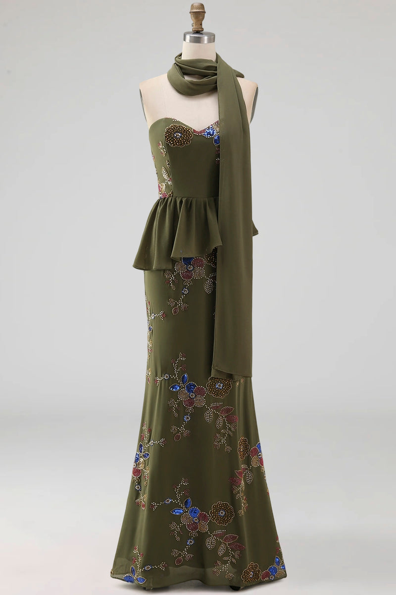 Load image into Gallery viewer, Olive Long Mermaid Floral Strapless Beaded Mother of the Bride Dress with Ruffles