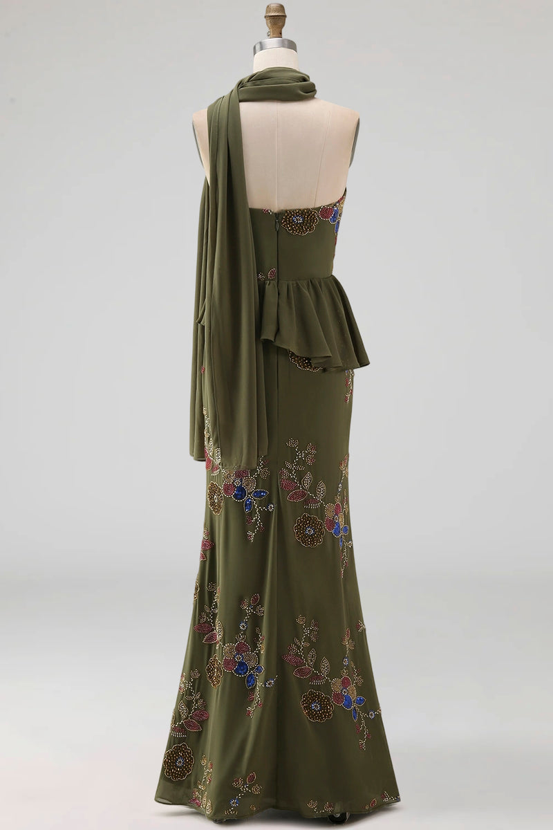 Load image into Gallery viewer, Olive Long Mermaid Floral Strapless Beaded Mother of the Bride Dress with Ruffles
