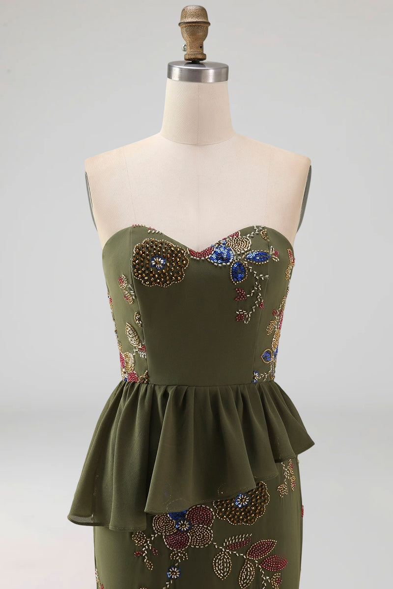 Load image into Gallery viewer, Olive Long Mermaid Floral Strapless Beaded Mother of the Bride Dress with Ruffles