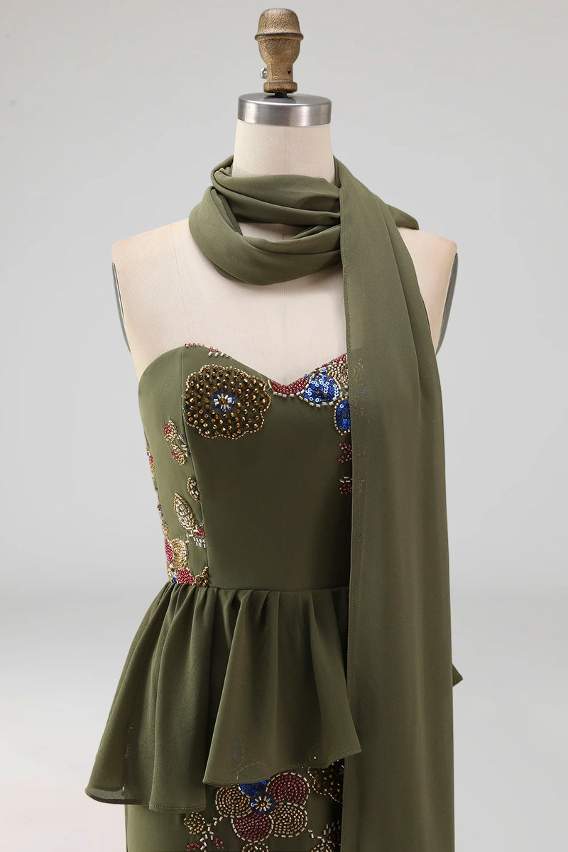 Load image into Gallery viewer, Olive Long Mermaid Floral Strapless Beaded Mother of the Bride Dress with Ruffles