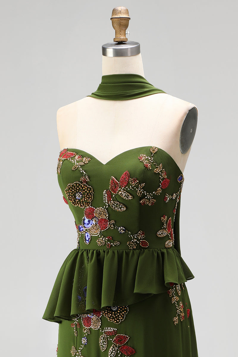 Load image into Gallery viewer, Olive Long Mermaid Floral Strapless Beaded Mother of the Bride Dress with Ruffles