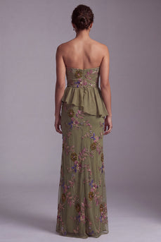 Olive Long Mermaid Floral Strapless Beaded Mother of the Bride Dress with Ruffles